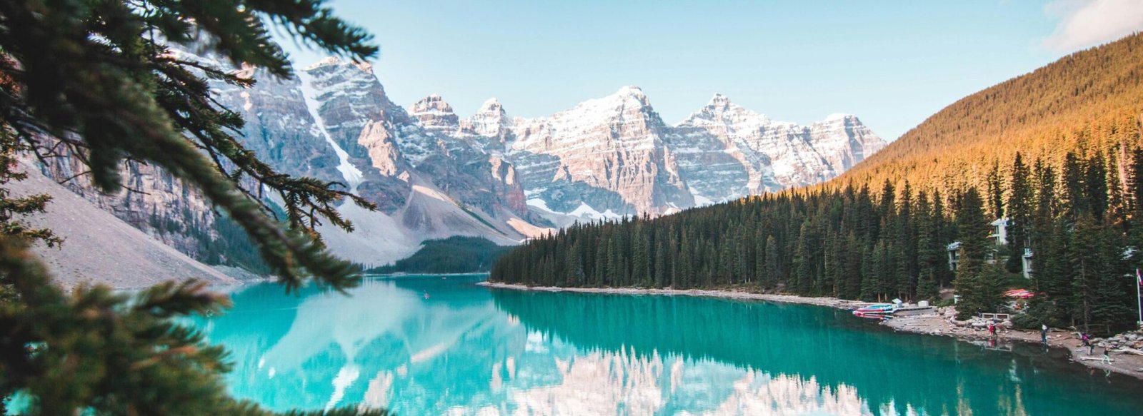 Idyllic view of Moraine Lake reflecting mountains and forests in Banff National Park, Canada.